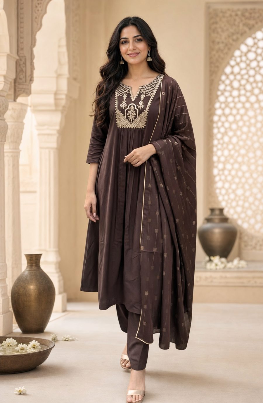 Cocoa Muse — graceful cocoa-brown anarkali with sculpted embroidery, d'Trenz Nandyal
