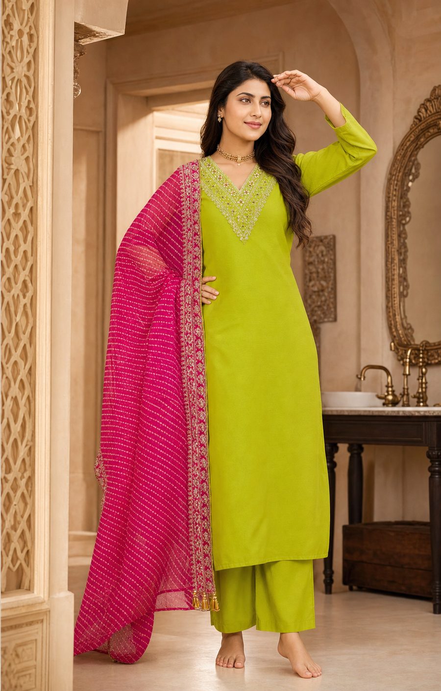 Lime Leher — crisp lime straight-cut suit with striped pink dupatta, d'Trenz Nandyal