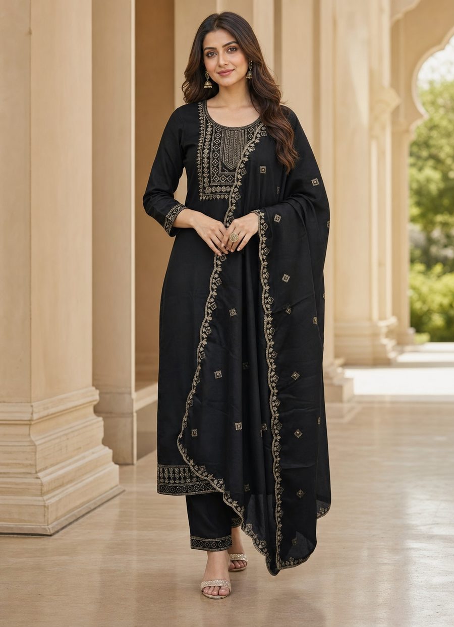 Midnight Jaal — classic black suit with intricate gold embroidery, d'Trenz Nandyal