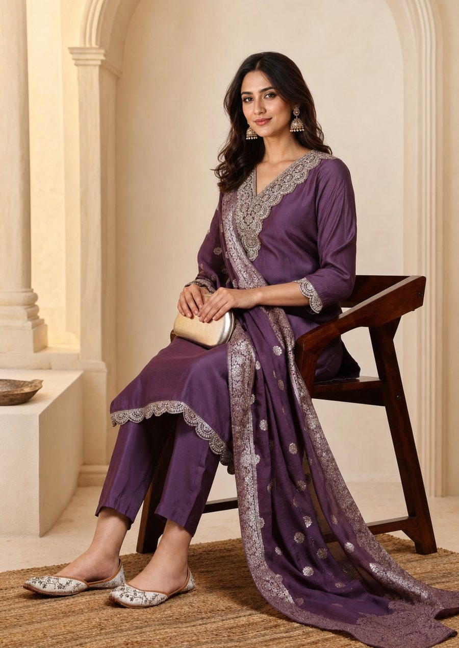 Mulberry Grace — composed mulberry suit with classic borders, d'Trenz Nandyal