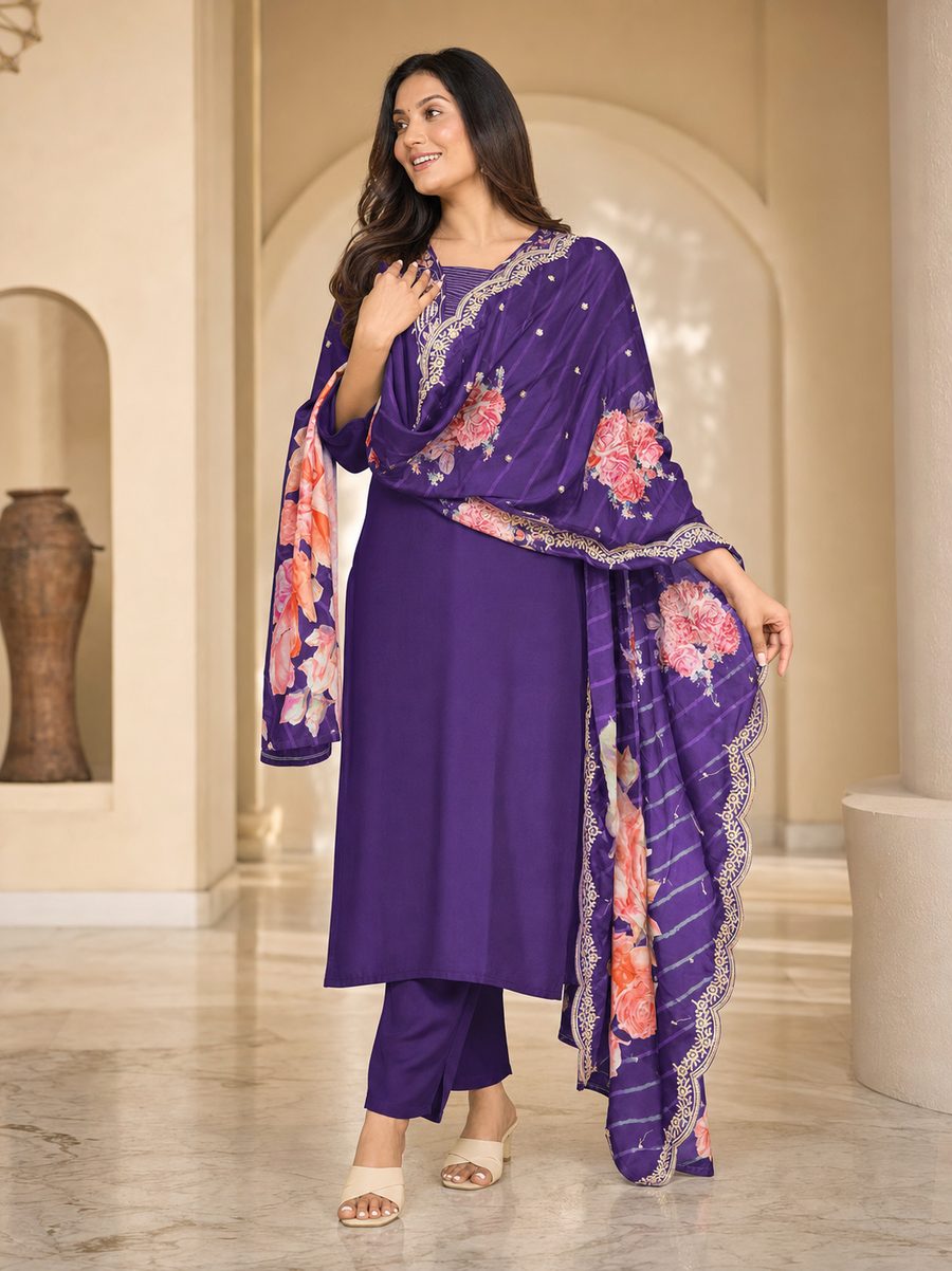 Peach Aabha — lustrous peach suit with woven-style borders, d'Trenz Nandyal