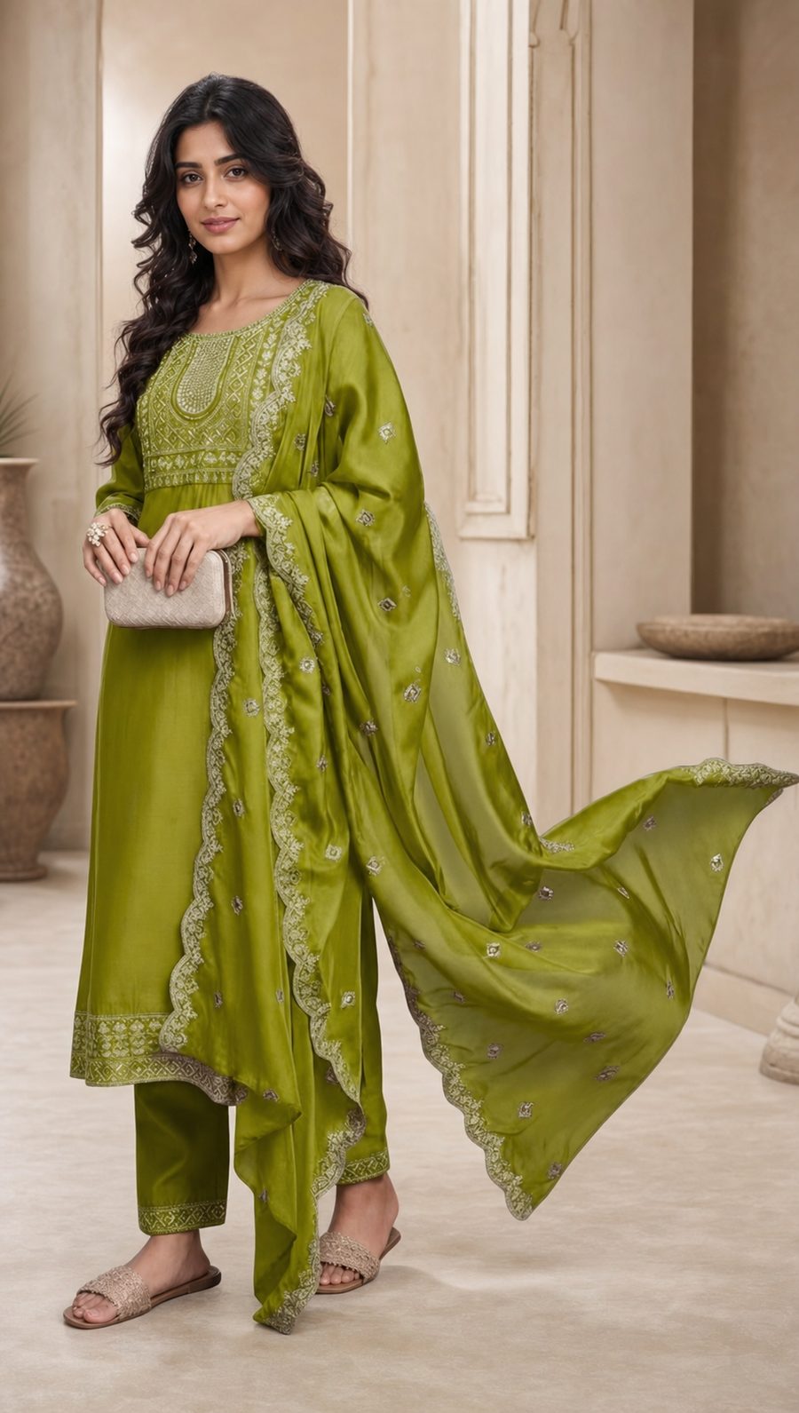Pistachio Noor — fresh pistachio silk suit with silver embroidery and scalloped dupatta, d'Trenz Nandyal