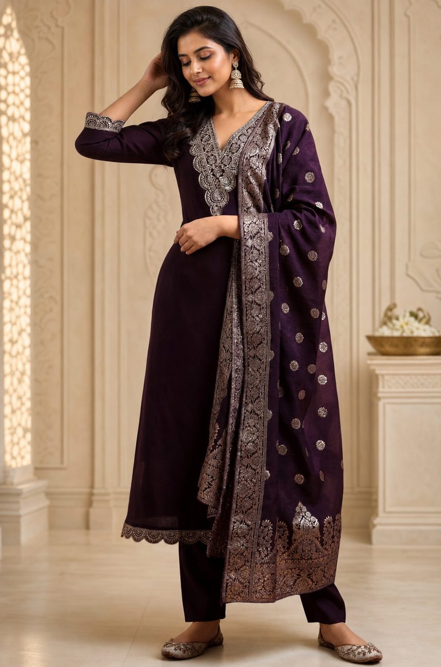 Plum Darbar — rich plum suit with ornate metallic work, d'Trenz Nandyal