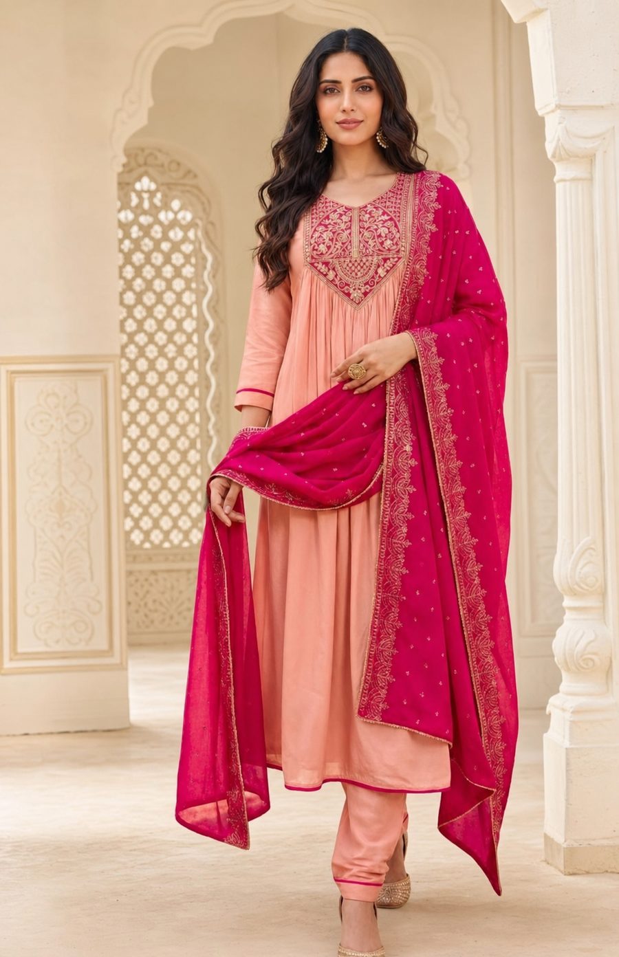 Rose Petal — blush peach and fuchsia suit with ornate neckline artistry, d'Trenz Nandyal