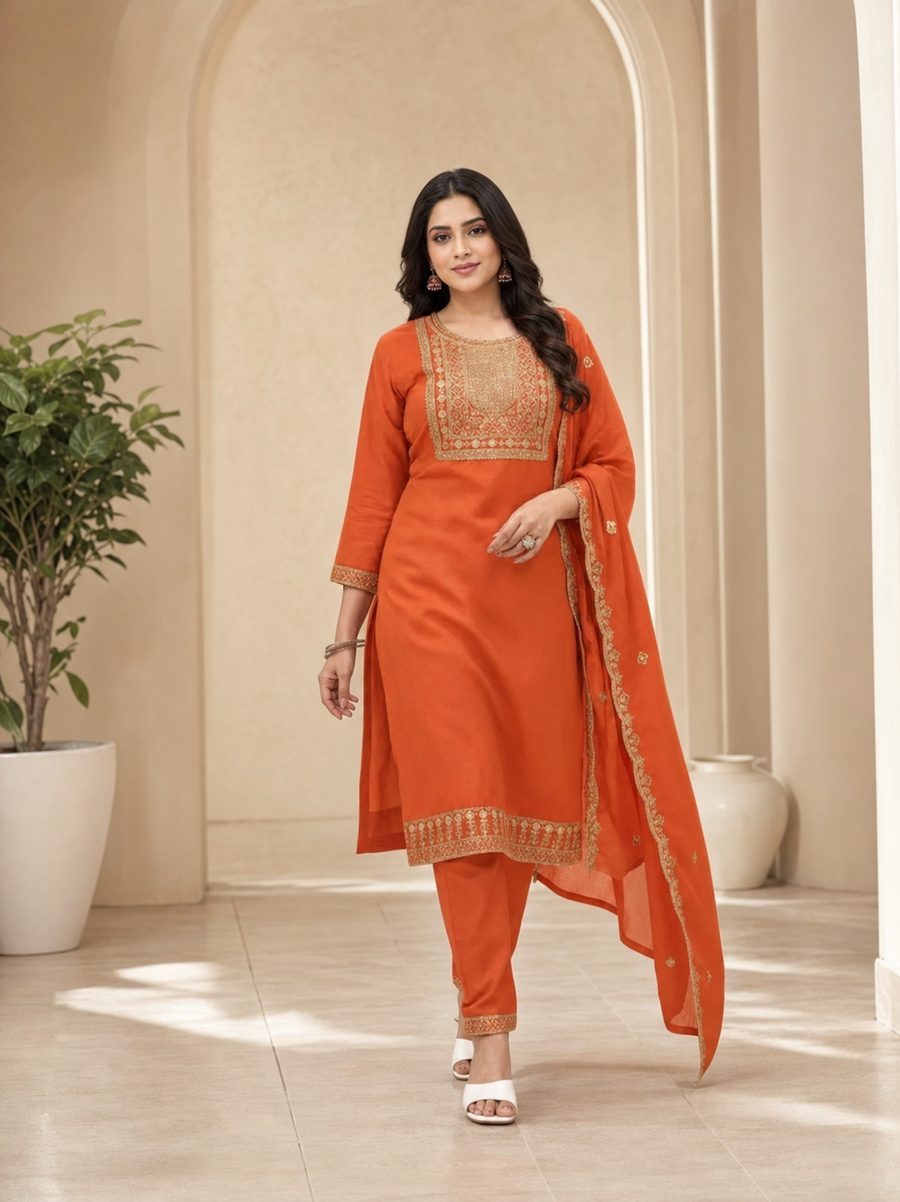 Tangerine Poise — vivid tangerine suit with traditional gold detailing, d'Trenz Nandyal