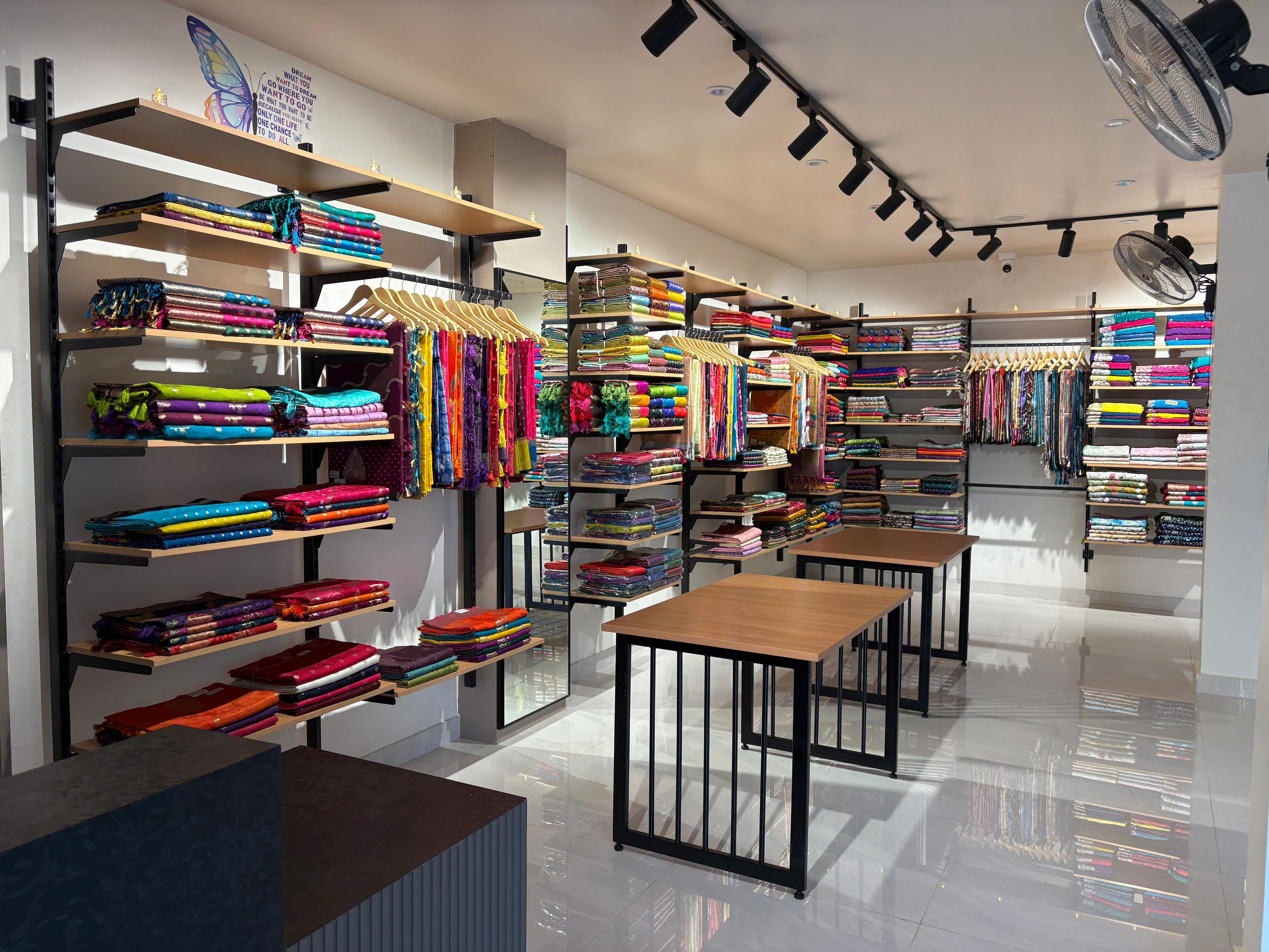 Premium fabric shelves with silks and festive materials